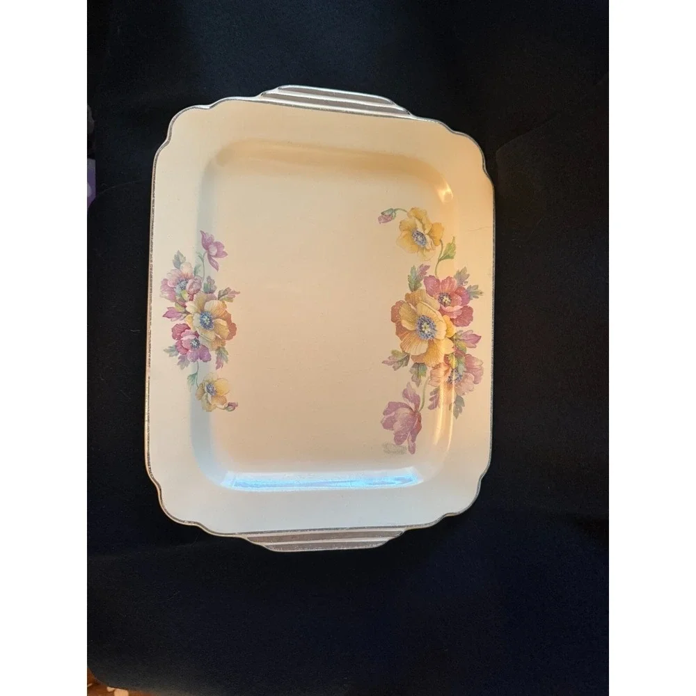 Wells Homer Laughlin‎ 13 x 10 PLATTER Century Shape Yellow Pink Flowers Art Deco